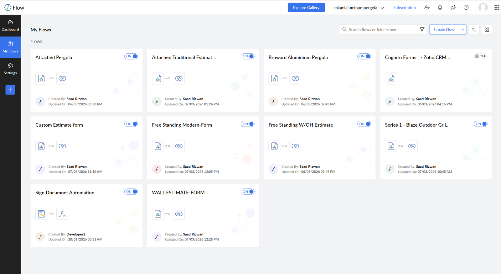 Zoho Flow main dashboard